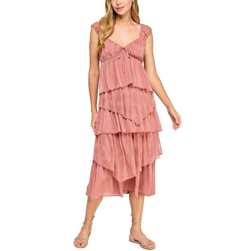 Seni &‎ Cade Jrs.Women Rose Pink Tiered Lace Jacquard Midi Dress NWT Size Small